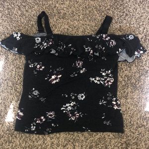 black cold shoulder crop top with floral print